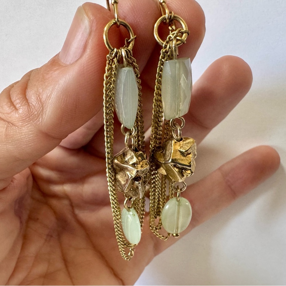Gold Nugget & ChainDangle Earrings with Jade Green Stones Statement